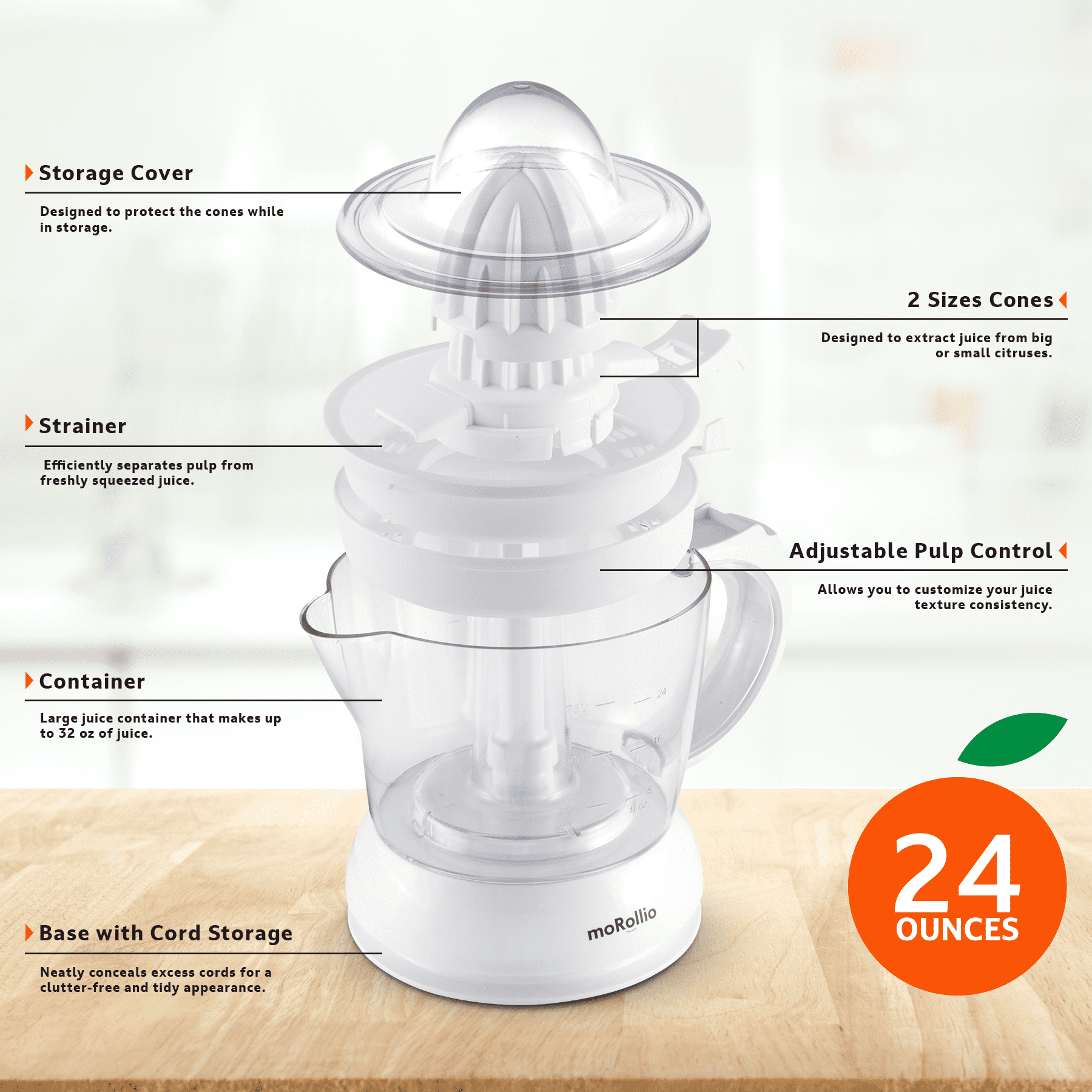 moRollio Electric Citrus Juicer, Compact Space-Saving Orange Juicer, 24oz