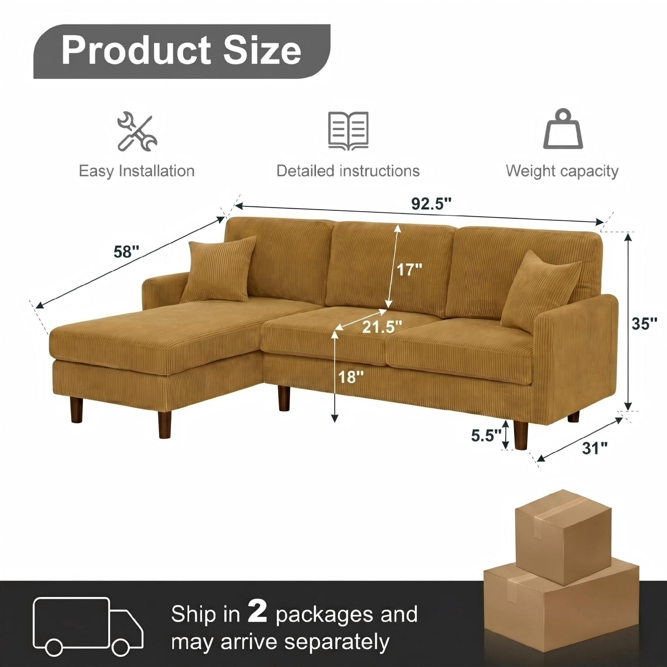 92.5" Mustard Yellow Corduroy L-Shape Sectional Sofa with Chaise