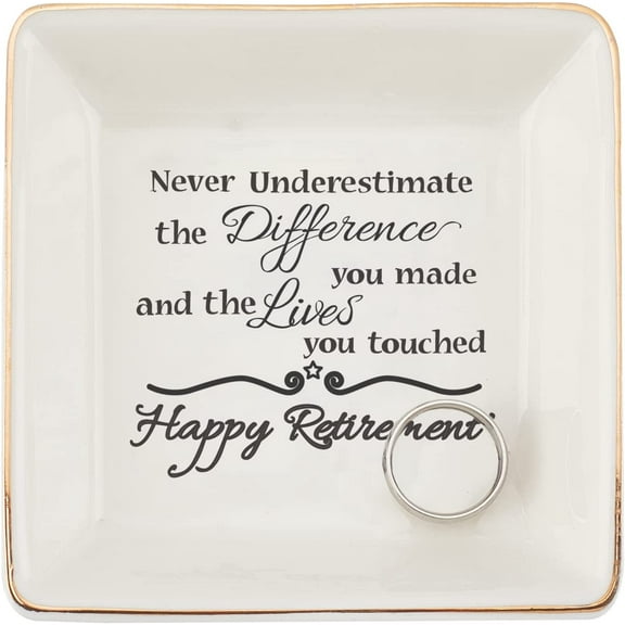 Porcelain Square Trinket Dish Happy Retirement Theme Pattern Ceramic Jewelry Tray Ring Holder Small Jewelries Plate Girls'Gift Home Decor 4x4x1inch