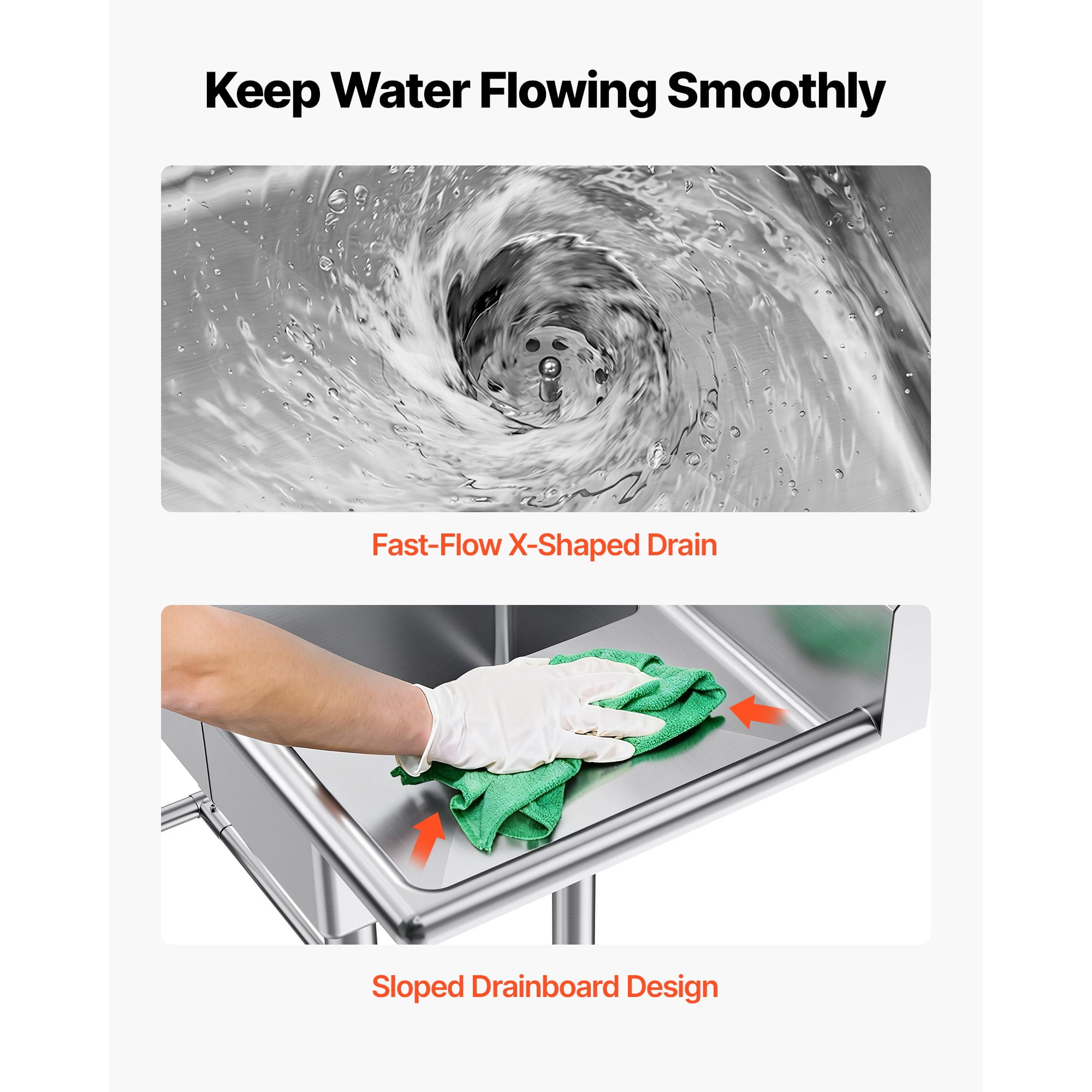 KFFKFF 3-Compartment Commercial Sink, 304 Stainless Steel, 18-Gauge, 10" x 14" x 10" Bowls, Dual Drainboards, 7" Backsplash, H-Frame, Black, (1 Unit)