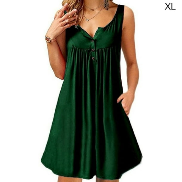 Vestido de mujer Chaleco con botones plisados Camiseta Vestido sin mangas con bolsillo informal, Verde oscuro, XL Methold AP002060-29