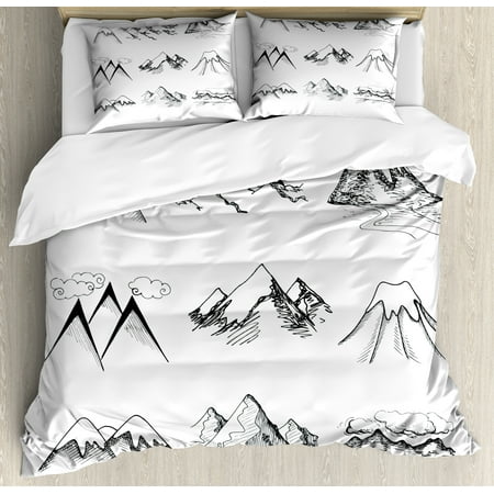 Mountain King Size Duvet Cover Set, Snowy Icy Mountain Tops Peaks in Winter Hand Drawn Style Climbing Collection, Decorative 3 Piece Bedding Set with 2 Pillow Shams, Black and White, by