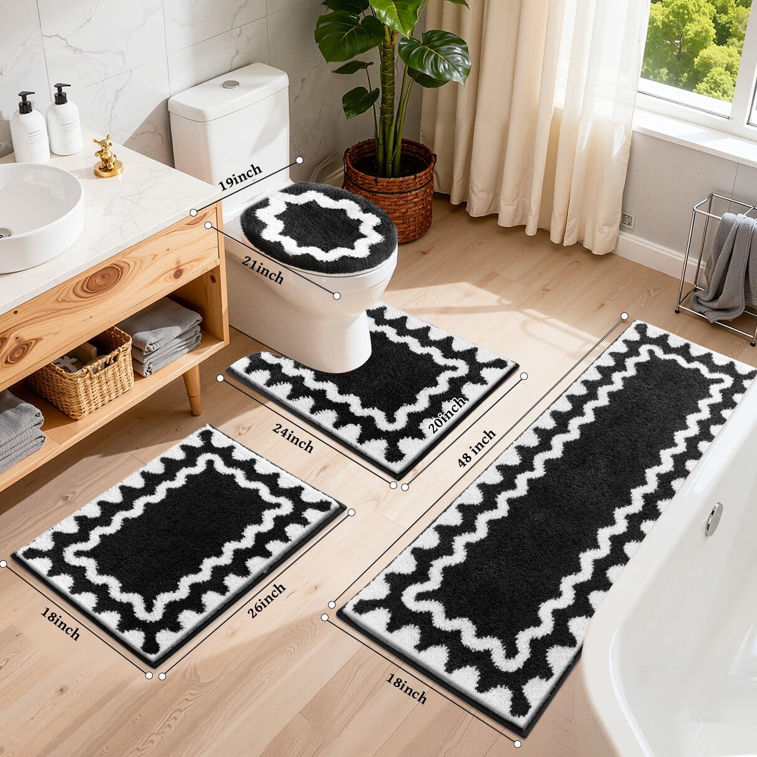 Findosom 4-Piece Bathroom Rugs Set,Non Slip Absorbent Bath Mat,Machine Washable Microfiber Quick Dry Bath Rug for Bathroom Bedroom Kitchen Shower Tub,Black