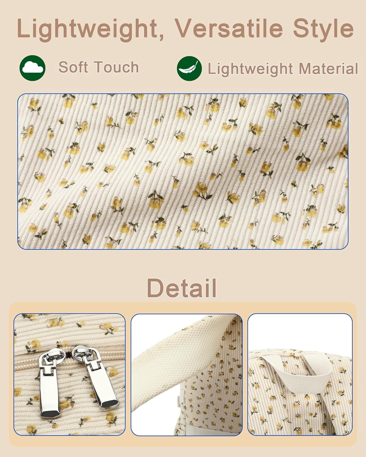 AO ALI VICTORY  School Backpack for Teens Girls Women 15.6 Inch Laptop College Backpacks Corduroy Work Bag Kids Elementary Middle High Campus Bookbag Students Pack Travel Daypack Womens（Beige Floral）