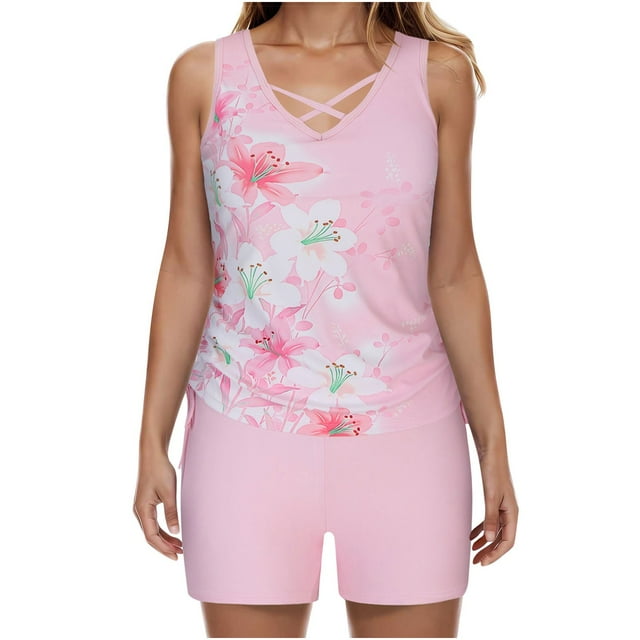 UPPADA Womens Two Piece Tankini Set Stripe Loose Fit Padded Bathing Suits Tummy Control Modest Two Piece Bathing Suits High Waisted Swimsuit Sets Womens Swim Suit Top Pink,5xl