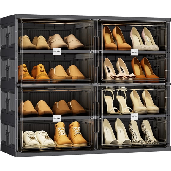 JEKO&JEKO 4-Tier Double Column Foldable Shoe Storage Cabinet with Magnetic Doors, Holds 16 Pairs, Black