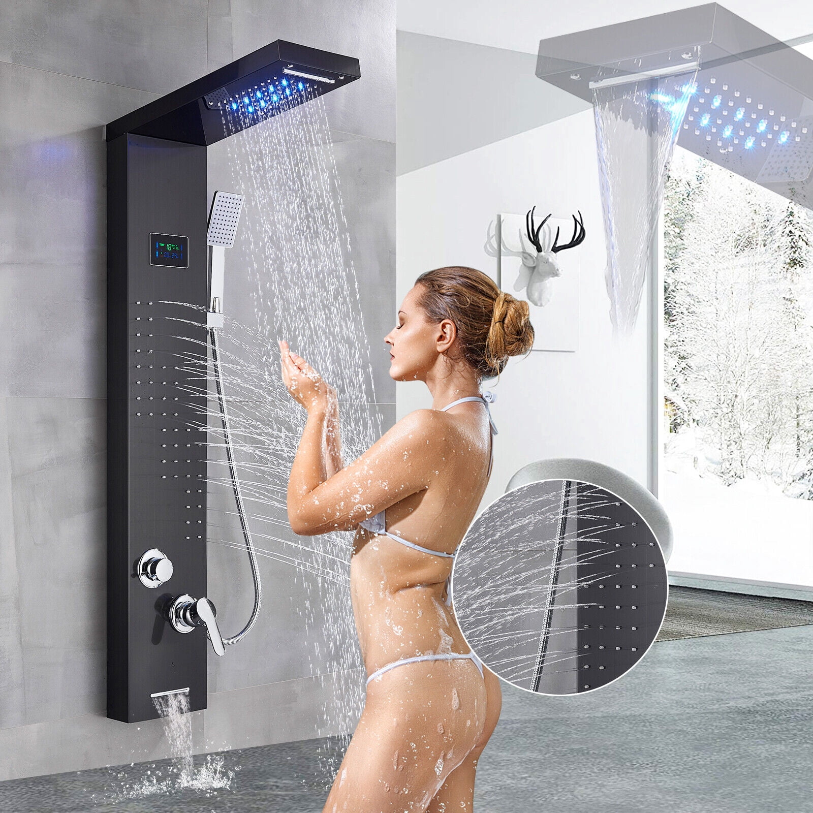 Black LED Shower Panel Tower System Rain&Waterfall Massage Jets Stainless Steel