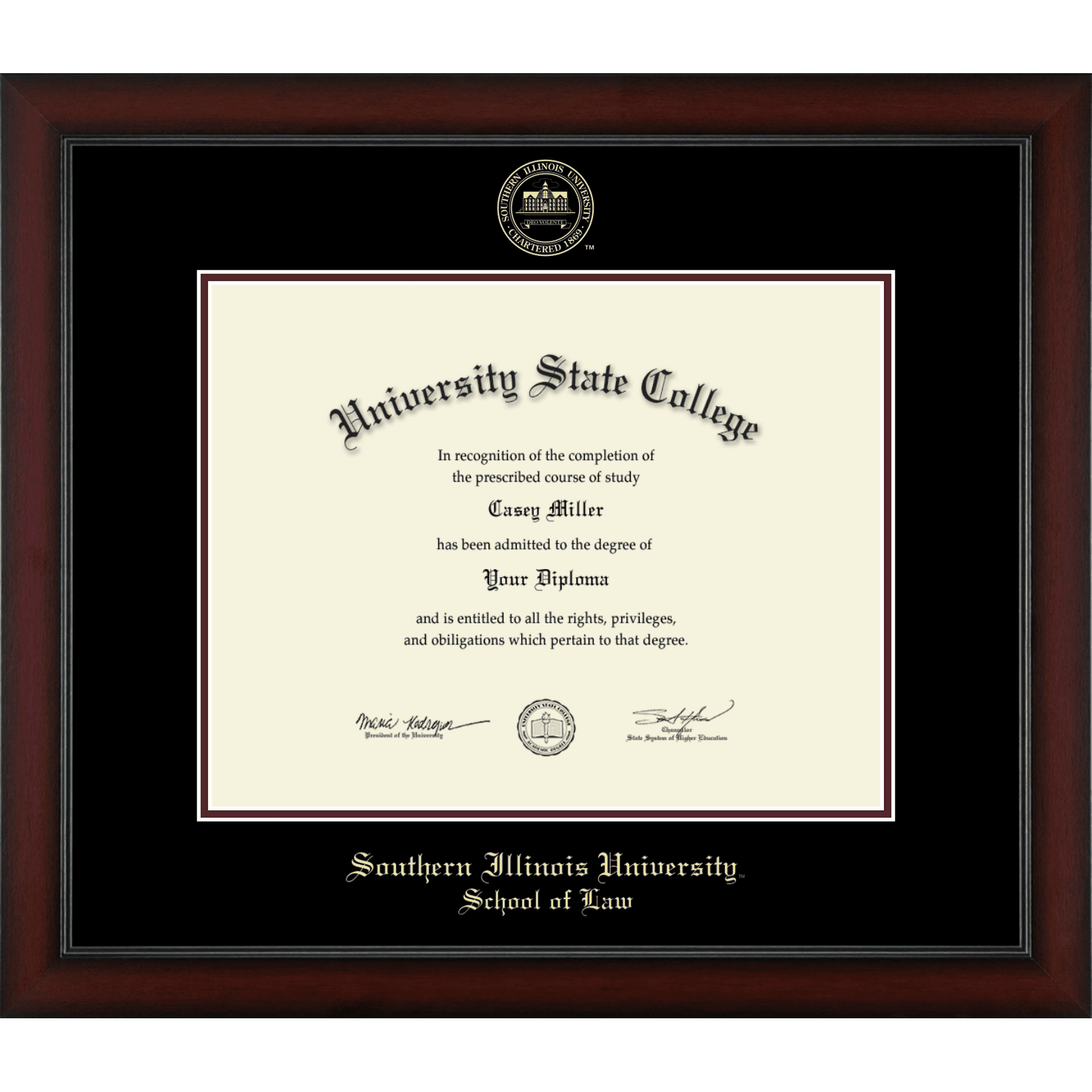 Southern Illinois University Carbondale School of Law Diploma Frame, Document Size 14" x 11"