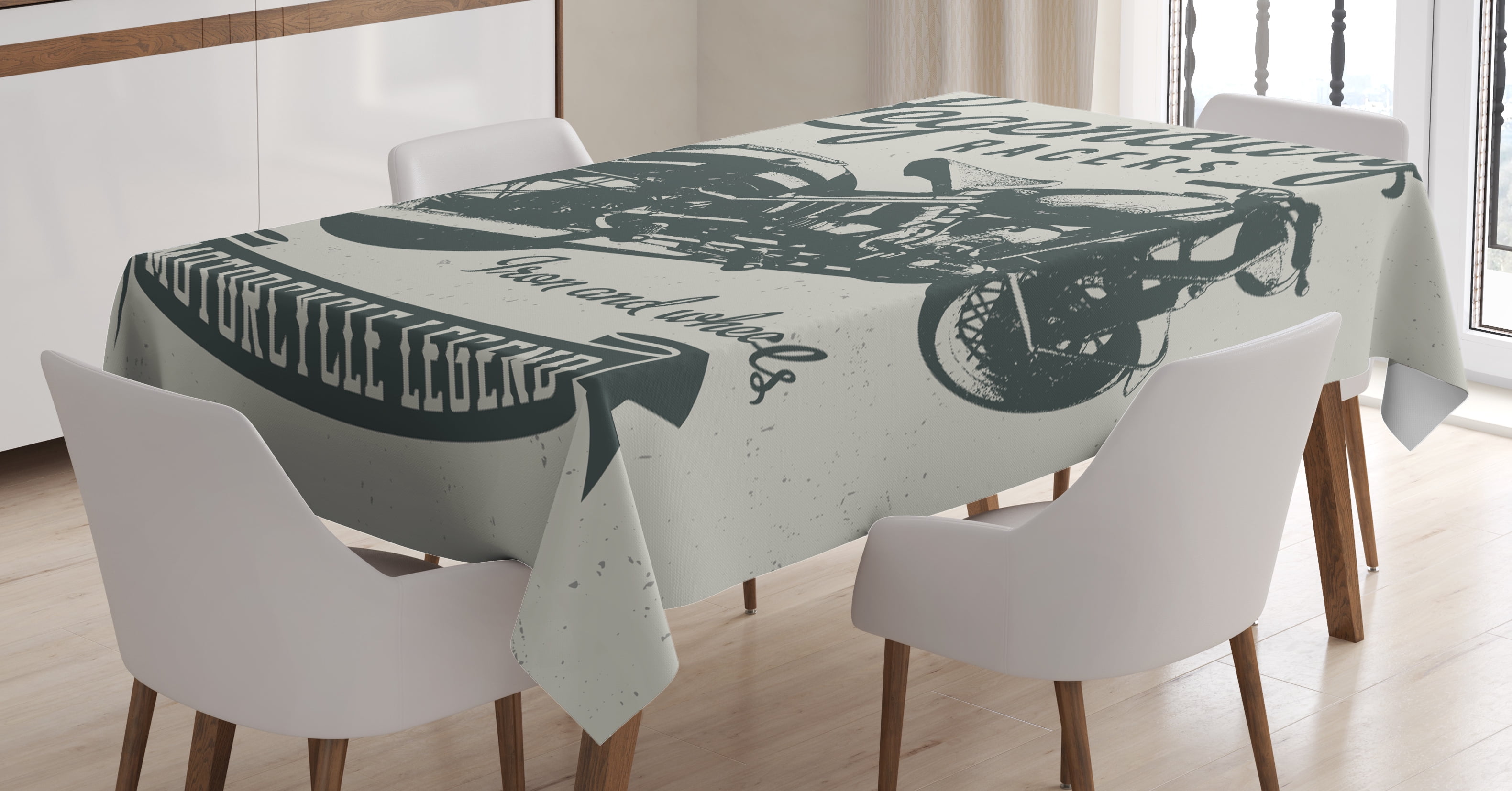 Motorcycle Tablecloth, Cruiser Bike Sketch with Hand Lettering