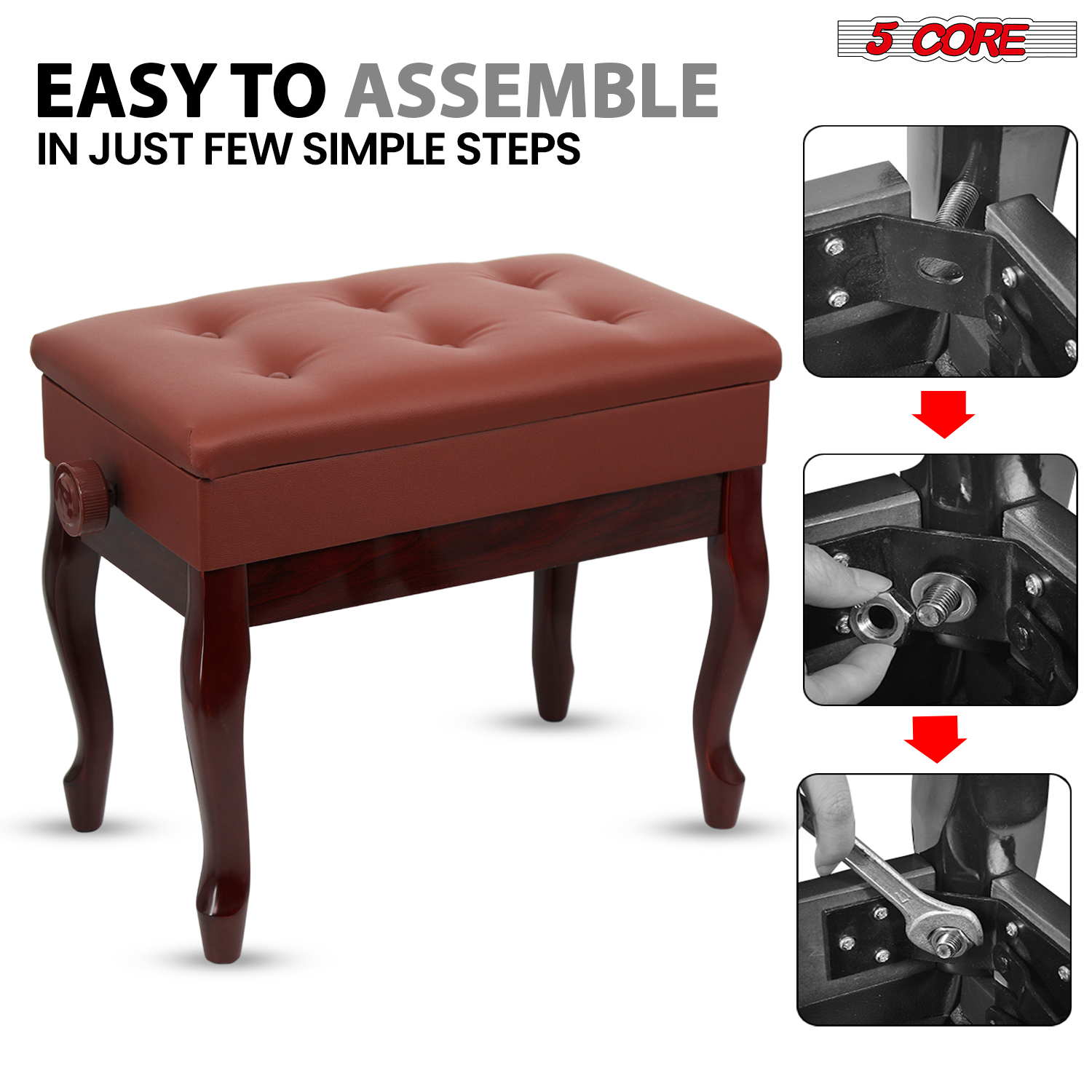 5 Core Adjustable Piano Bench Thick 3.25" Solid Wood Keyboard Stool Heavy Duty Musician Chair