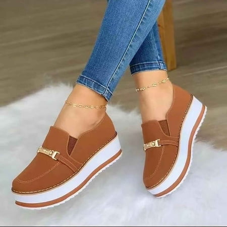 

JNGSA Women s Sneakers Slip on Shoes for Women Low Top Canvas Loafers Thick Soled Solid Color Breathable Casual Shoes Brown 40 Clearance