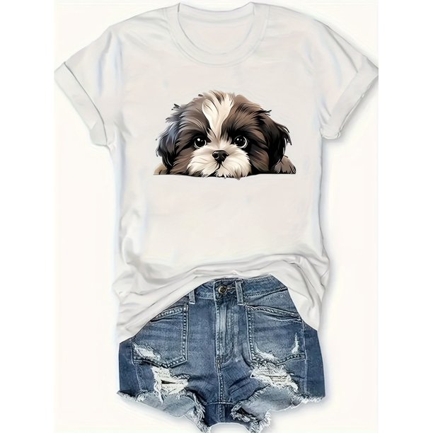 Unisex Casual Round Neck T-Shirt with Cute Shih Tzu Dog Peek-a-Boo Cartoon Print, Durable Cotton Knit Fabric, Regular Length, All-Season Fashion Top