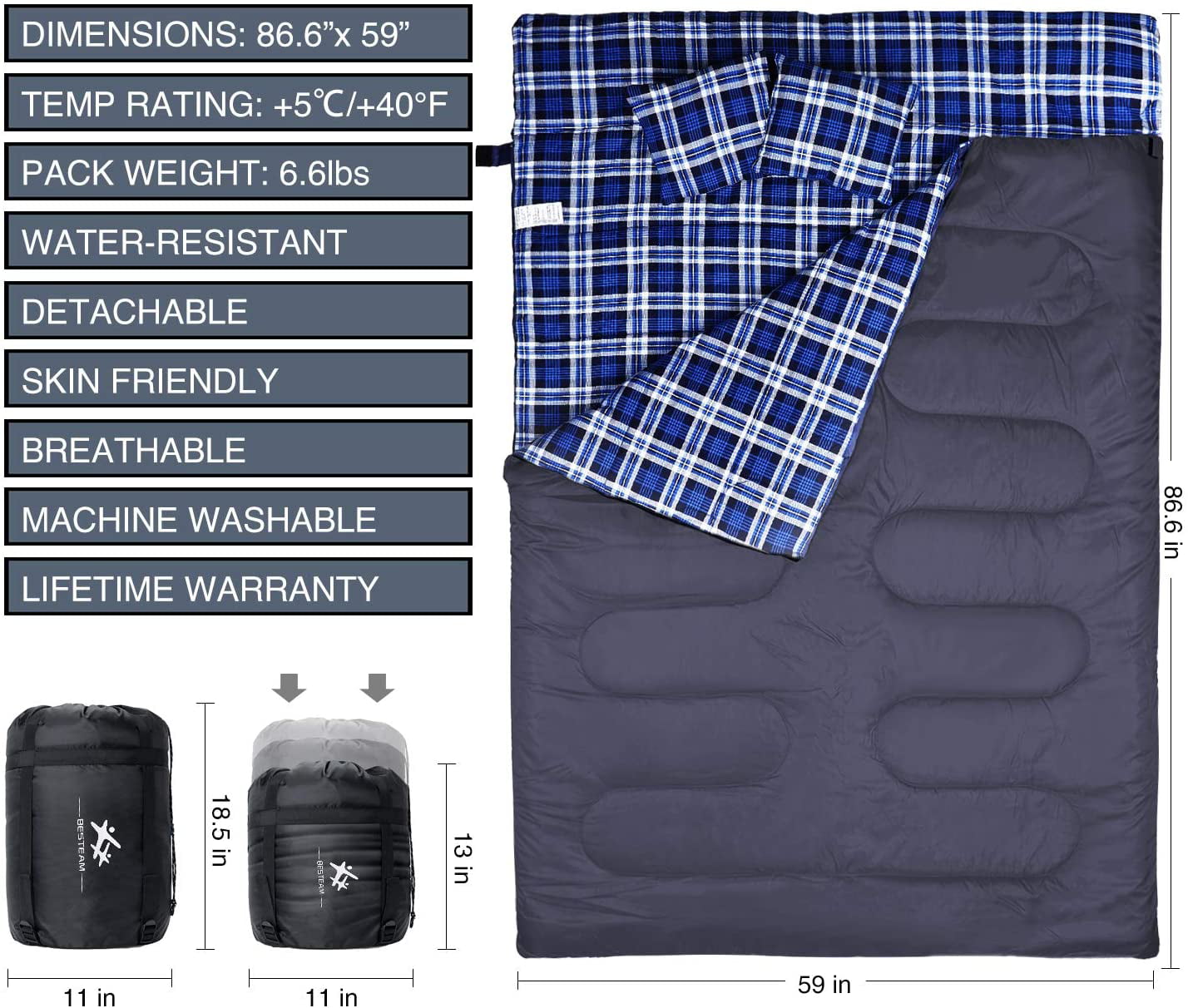 Cold Weather 2 Person Sleeping Bag for Adults Or Teens WERTYCITY Cotton Flannel Double Sleeping Bag for Backpacking Hiking Camping Queen Size XL Waterproof and Lightweight