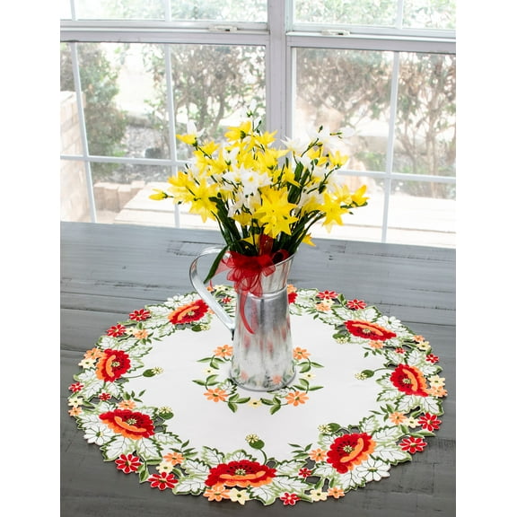Red Poppy on Ivory Table Topper, Doily (23 / 33" Round)
