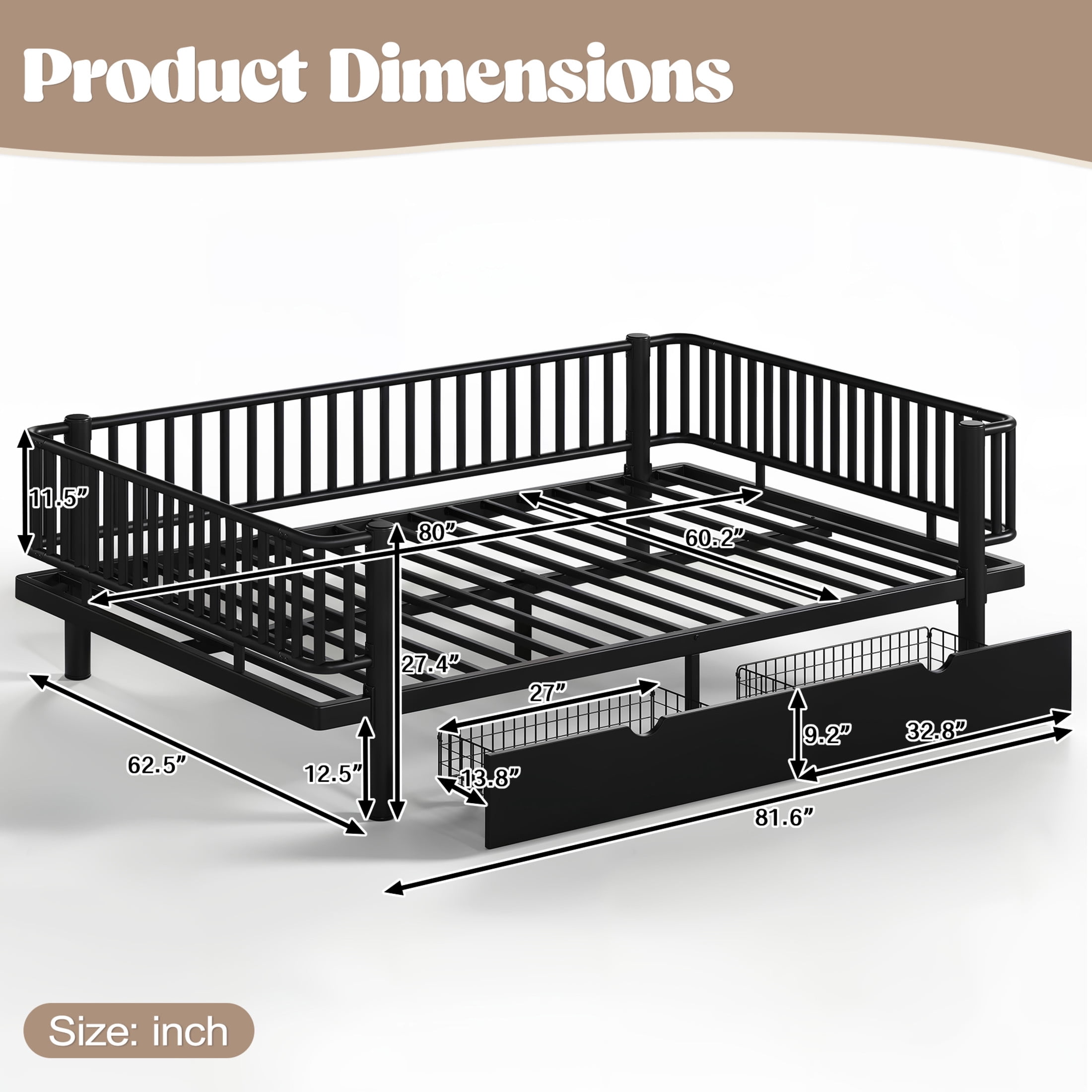 Noble House Queen Size Platform Bed with Storage Drawers, Daybed Frame with Round-Pipe Design, Black
