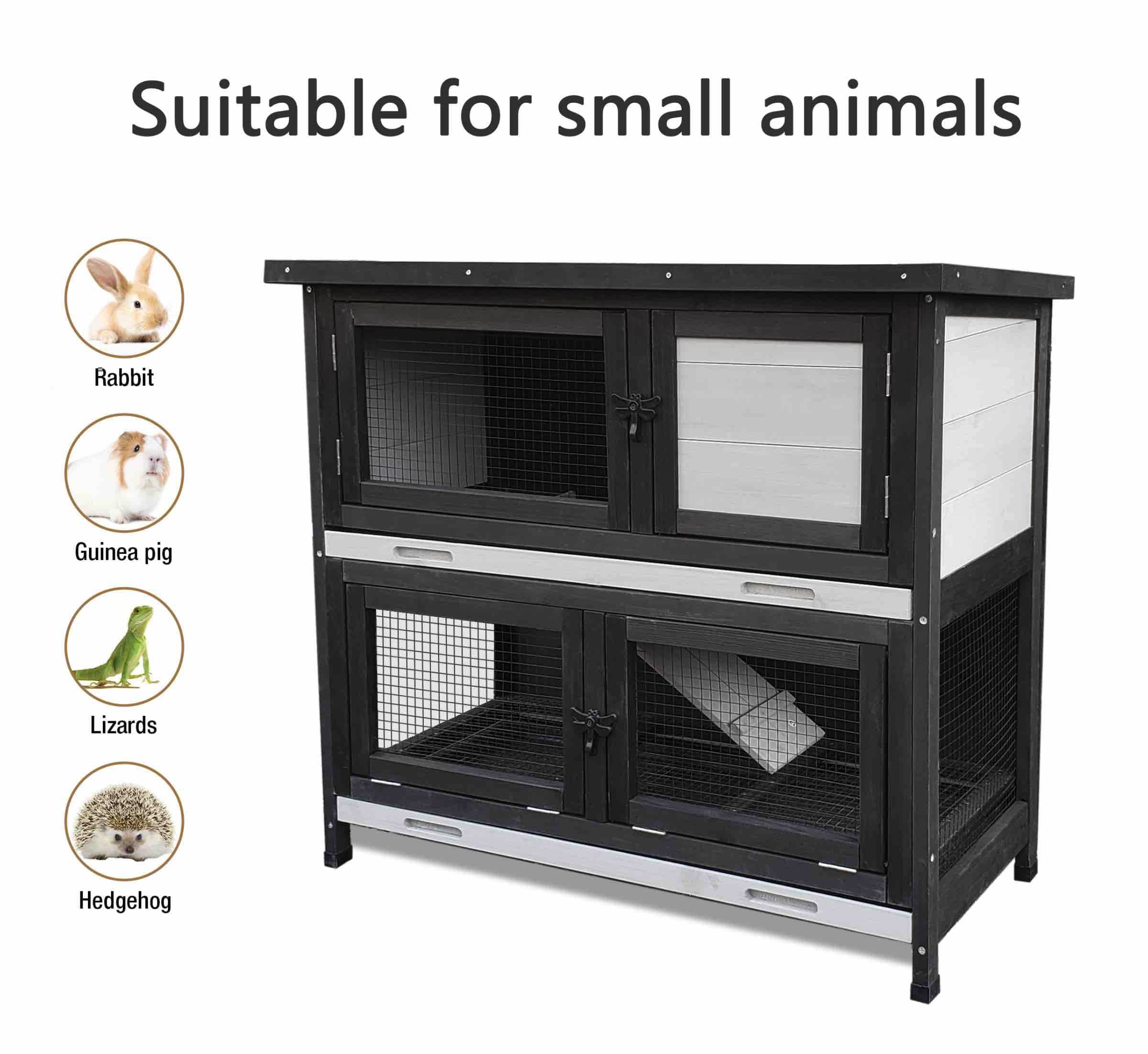 Double Level Solid Wood Rabbit Hutch Small Animal Cage for Rabbits, Guinea Pigs, Hedgehogs & Lizards Indoor/Outdoor–2-Tier Eco-Friendly Habitat with Bedding Area