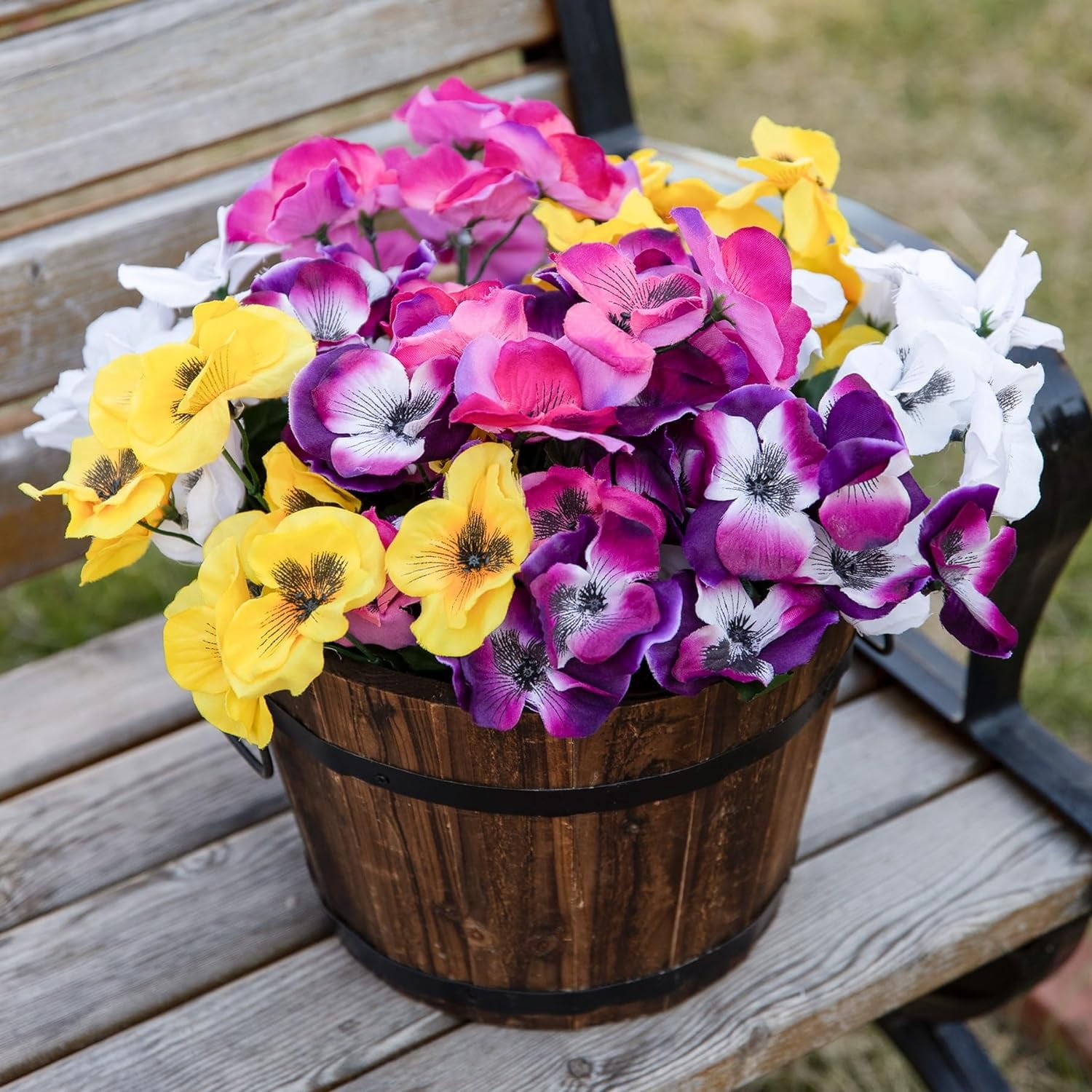Artificial Faux Plants Flowers Outdoor Spring Decoration, 12 Bundles Fake Silk Colorful Daisy Eucalyptus Realistic UV Resistant for Outside Home Planter Porch Patio Window Yard Decor (Mix)