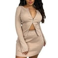 thumbnail image 2 of BLTIBY Womens 2 Piece Outfits Mini Skirt Long Sleeves Zipper Top Bodycon Skirts Casual Stylish Outfits Khaki XL, 2 of 9