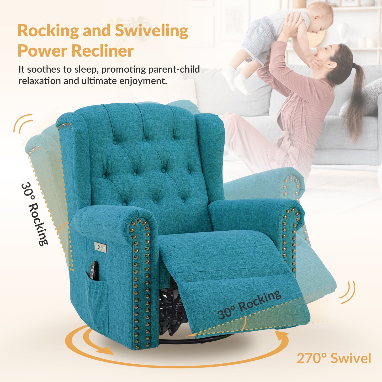 OUINCH Power Swivel Rocking Glider Recliner Chair, Electric Nursery Reclining Sofa Chair with Heat and Massage, Wingback Tufted Upholstered Recliner for Living Room, USB and Type-C Ports, Teal