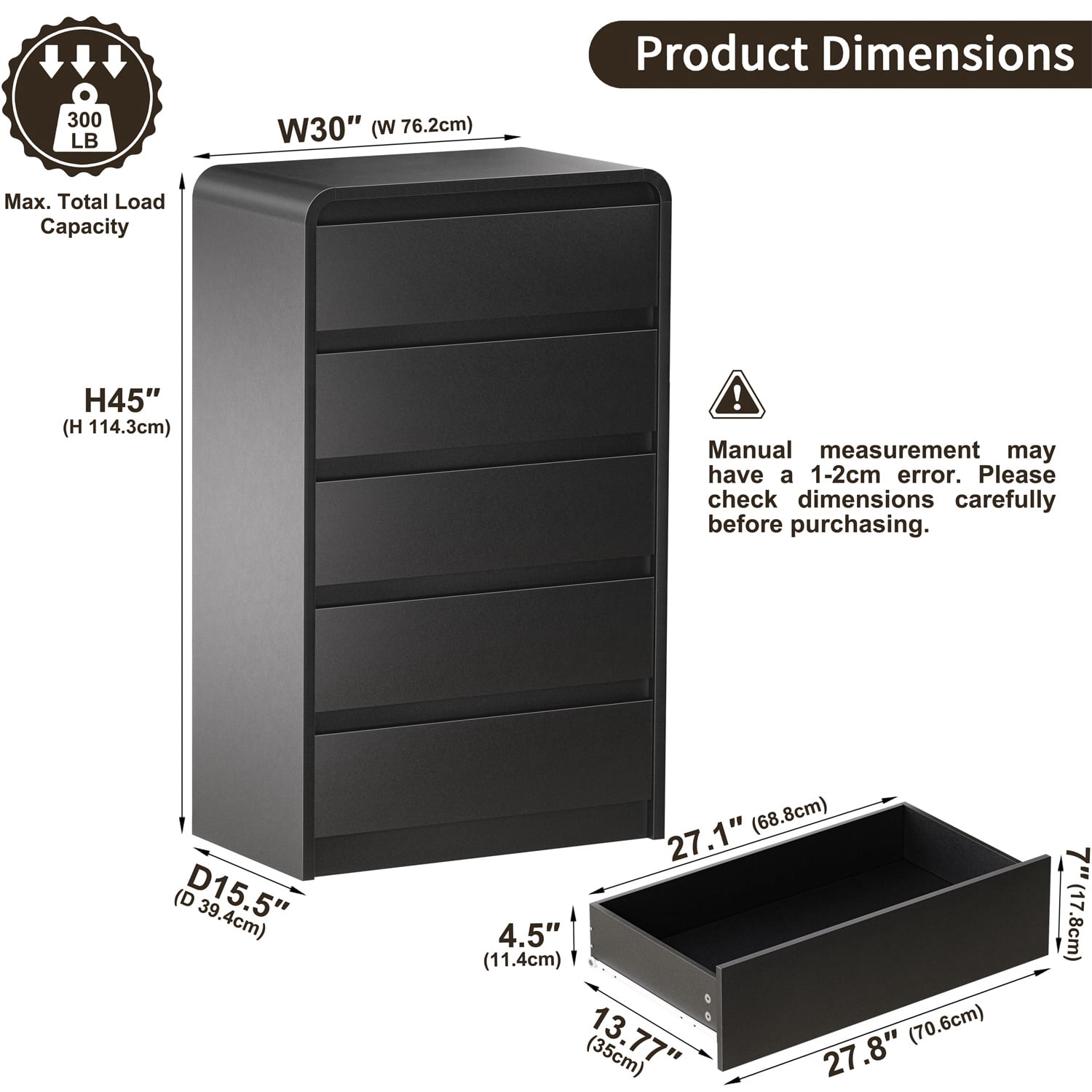 Hommoo Modern 5-Drawer Tall Dresser for Bedroom, Engineered Wood Chest of Drawers, Curved Mid-Century TV Stand & Storage Unit, 45" Space-Saving Design for Small Spaces, Black