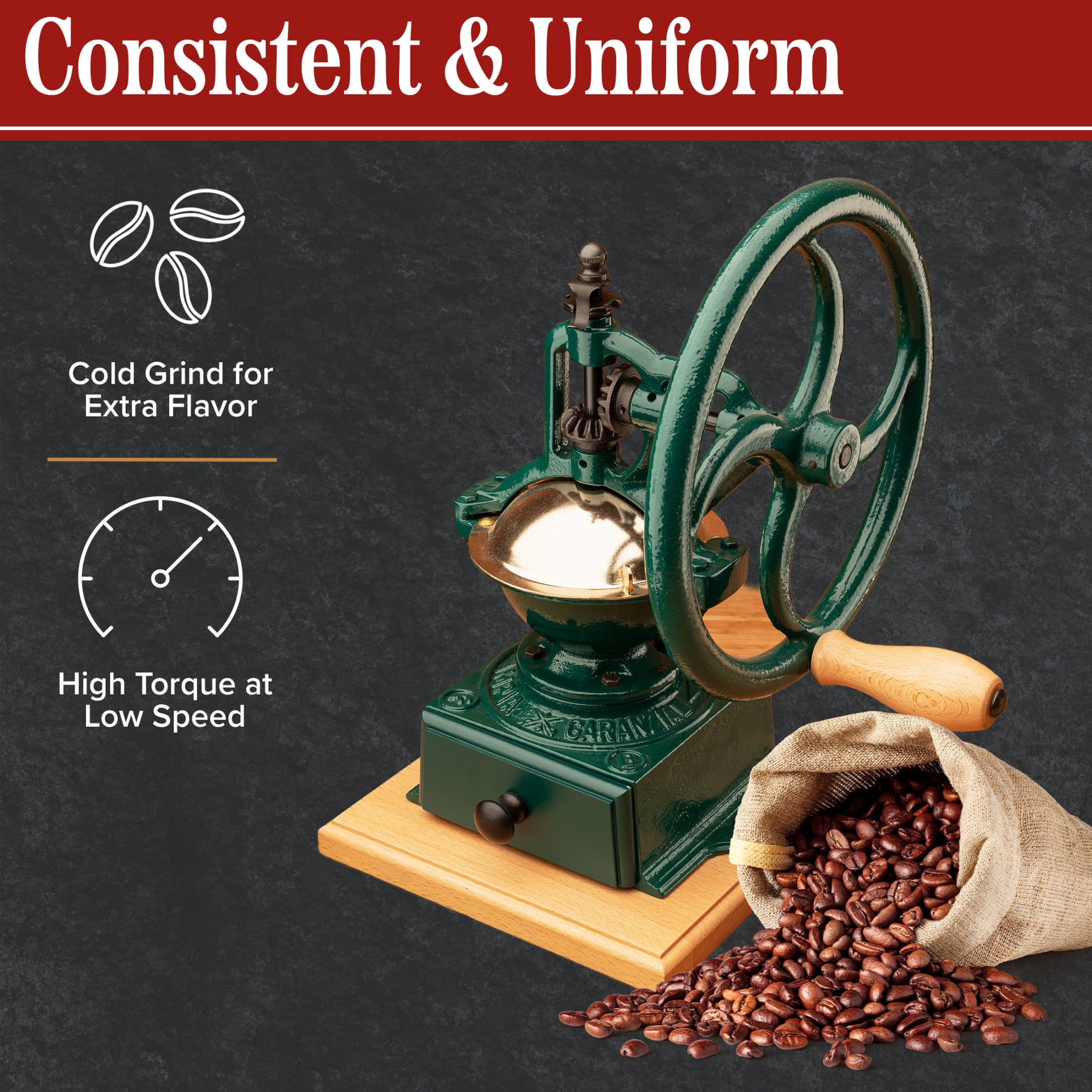 Classic Cuisine Manual Coffee Grinder - Cast Iron Conical Burr Coffee Bean Grinder (Green)