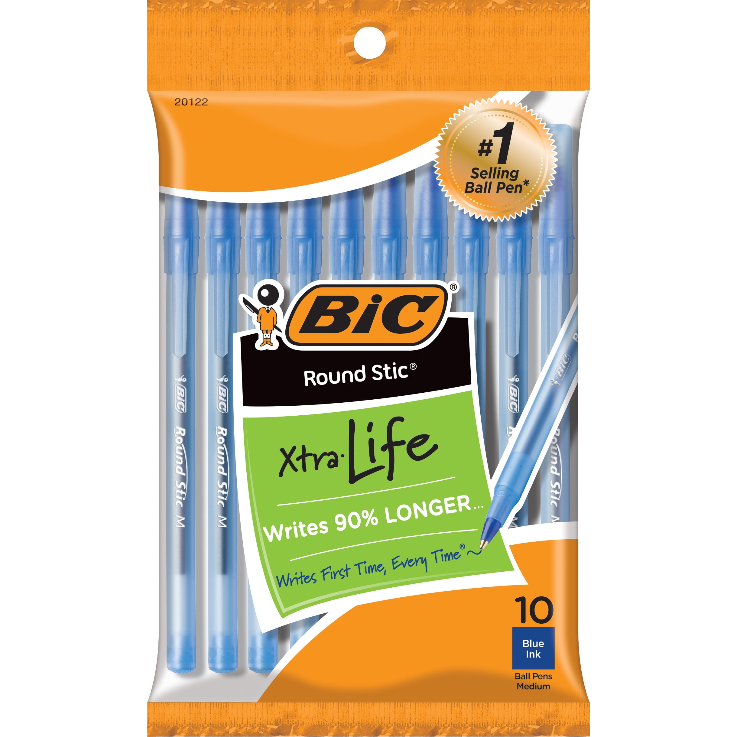 Round Stic Xtra Life Ballpoint Pen, Medium Point (1.0mm), Blue, Pack of 10