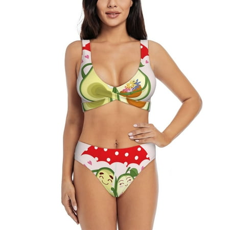 Zeuib Avocado Lovers Wearing Umbrella High Waisted Tummy Control Bikini Set - Knot Front Push Up Top & Cheeky Thong Bottom  Two-Piece Swimsuit for Women-Large