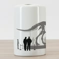 thumbnail image 3 of Dinosaur Ceramic Toothbrush Holder, Silhouettes of People Looking at a Tyrannosaurus Rex Skeleton in a Museum, Decorative Versatile Countertop for Bathroom, 4.5" X 2.7", Dimgrey Black White, 3 of 4