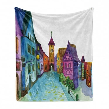 Cartoon Soft Flannel Fleece Throw Blanket, European Scenery with Pastel Colors and Road Aged Old Architecture Image Print, Cozy Plush for Indoor and Outdoor Use, 50" x 60", Multicolor, by Ambesonne