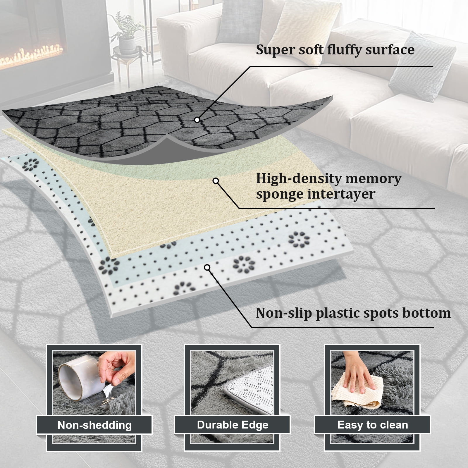 Pentantan 8ft x 10ft Shag Area Rugs for Living Room, Modern Geometric Fluffy Bedroom Carpet, Black & Gray
