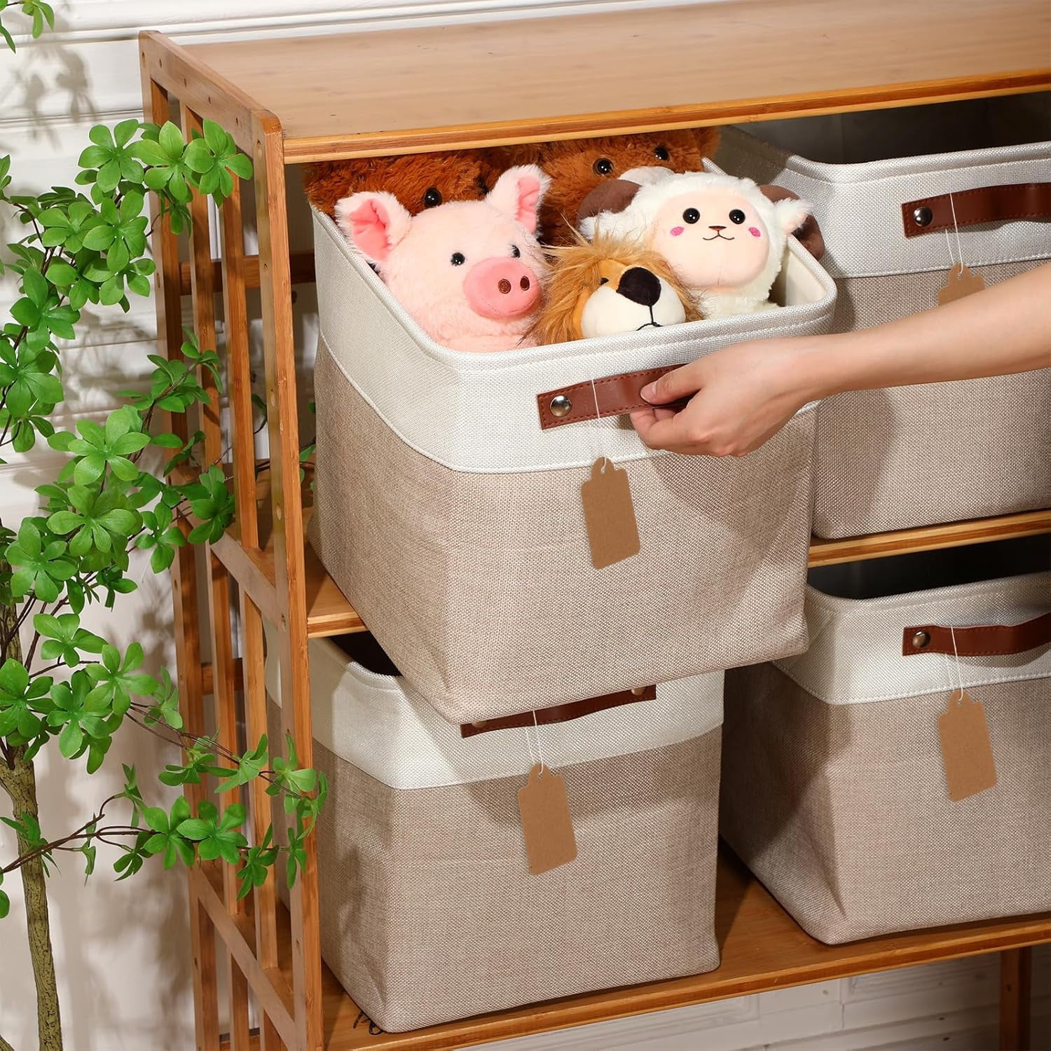 10 Pcs Collapsible Storage Bins Fabric Foldable Storage Basket with Handles Cloth Basket Organizer Linen Shelf Baskets for Shelves Home Closet Nursery Toys (Beige and White,12 x 12 x 12 Inch)