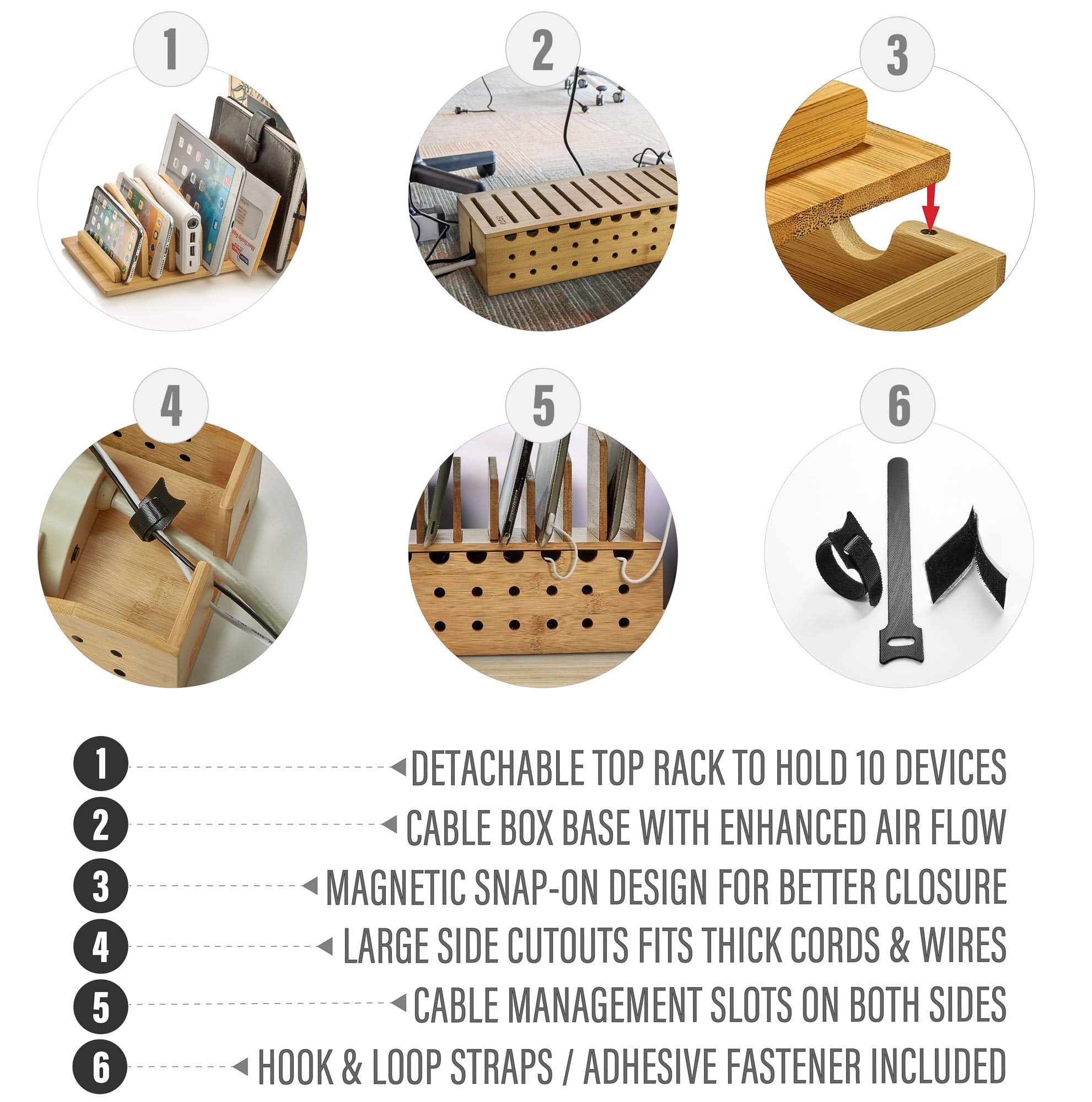 Prosumer's Choice Multiple Charging Station Rack with Cable Box Organizer - Bamboo Desk Organizer for 10 Devices and Cord Management - Compatible with Smartphones and Tablets