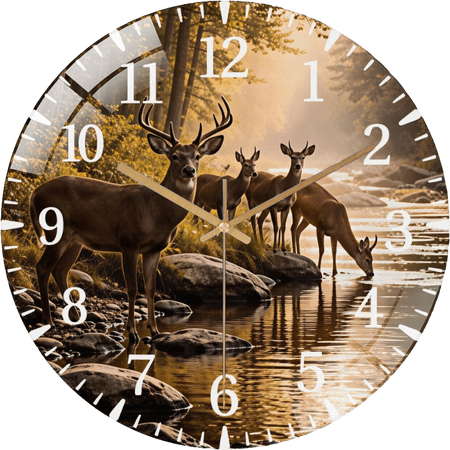 12 Inch Majestic Deer by River | Whitetail Buck & Does Nature Glass Wall Clock for Wall Decor , Office Room, Living Room Style 12×12inch(30×30cm)
