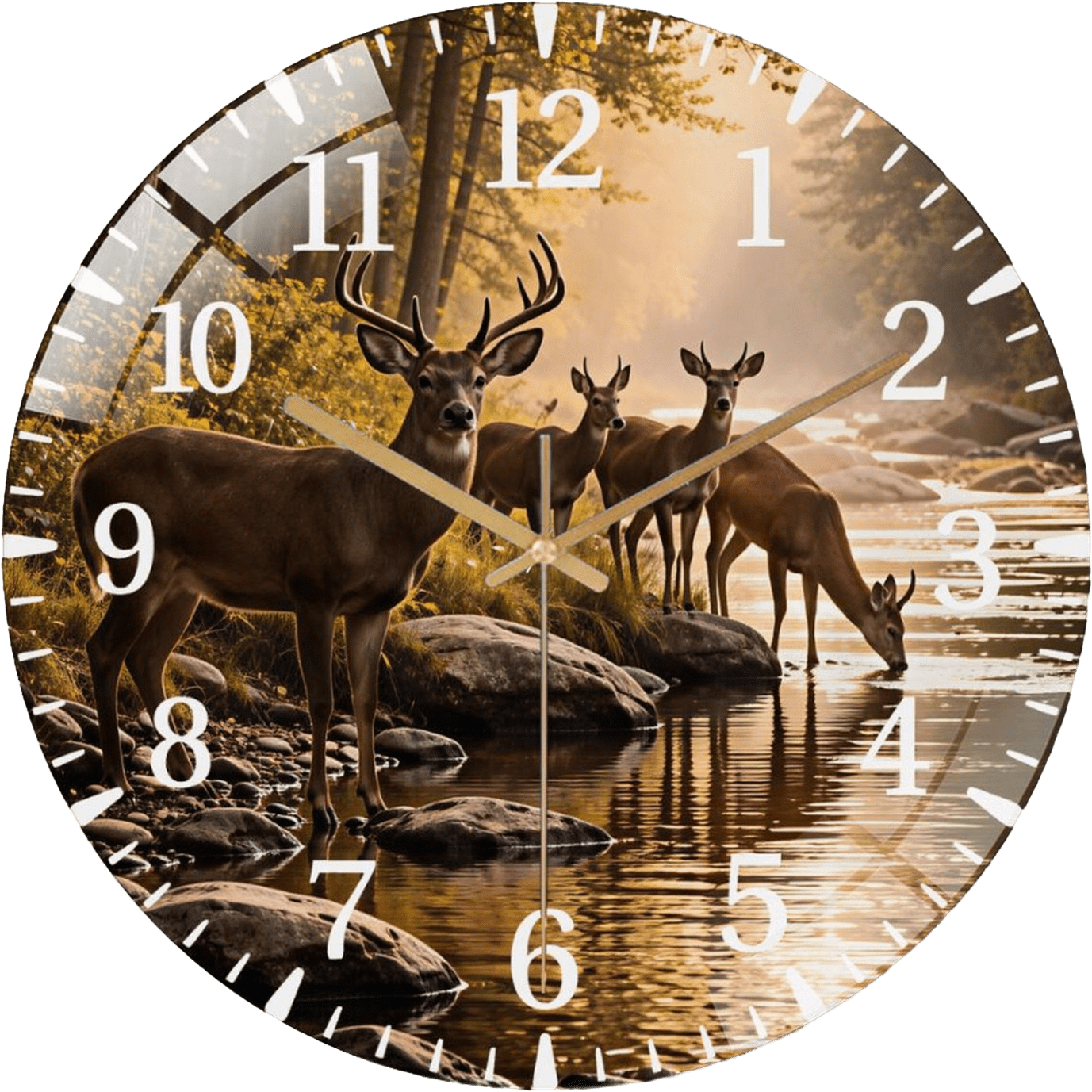 12 Inch Majestic Deer by River | Whitetail Buck & Does Nature Glass Wall Clock for Wall Decor , Office Room, Living Room Style 12×12inch(30×30cm)