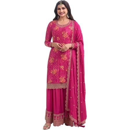 Stylish Indian Pakistani Shalwar Kameez Dress Designer Swen Sharara Plazzo Suits ( Pink, 5XL - 52 )