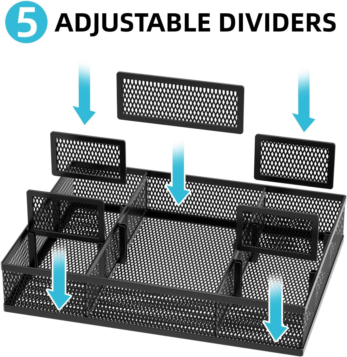 2 Pack Desk Drawer Organizer, Mesh Drawer Organizer Tray with 8 Adjustable Compartments, Desk Organizers and Accessories, 5 Dividers Drawer for Office Supplies, Makeup & Vanity (Black)