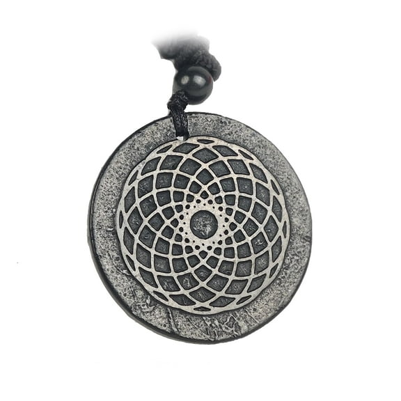 LiangJiang Shungite Pendant Round Shape | Healing Spiritual Natural Black Crystal Jewelry Pendant | Sacred Symbol Talisman Amulet Necklace for Meditation (Norse Tree of Life)