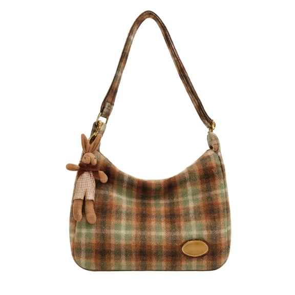 NCY Plaid Purses for Women - Wool Handbag with Pendant, Hobo Shoulder Bag and Tartan Fabric Clutch (Red)