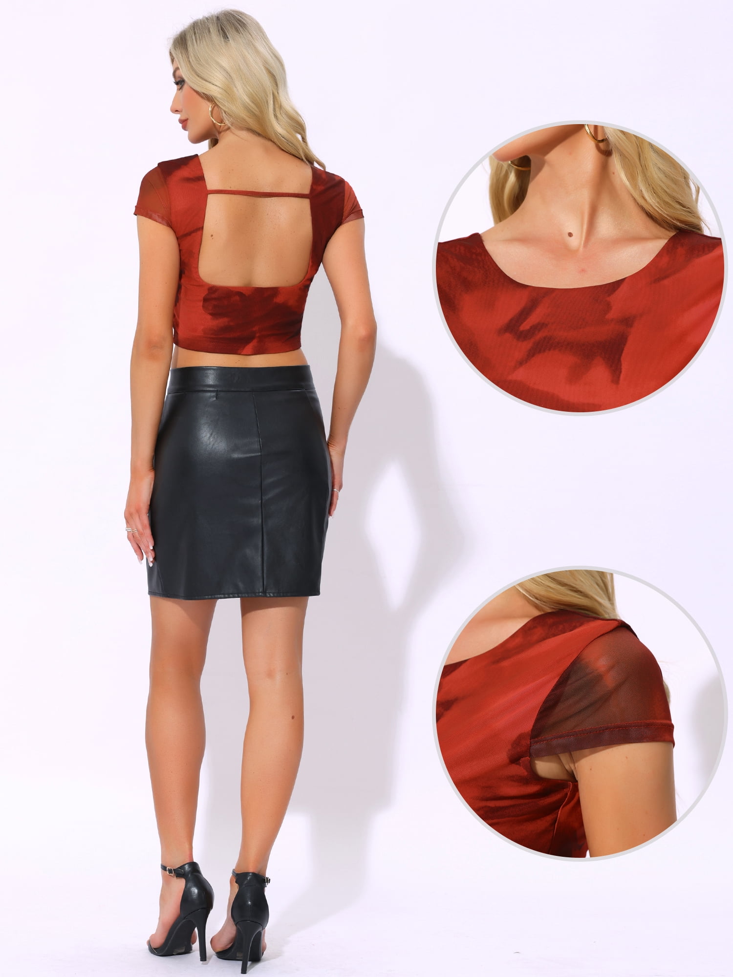 DARING DIVA Women's Crew Neck Short Sleeve Sheer Mesh Crop Tops L Red