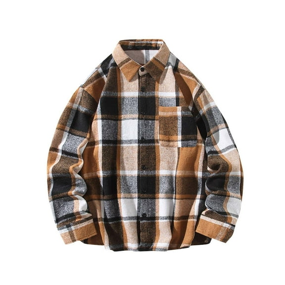 RongHuan Mens Big and Tall Plaid Shirts Casual Button Down Long Sleeve T-Shirt Regular Fit Lapel Plaid Business Work Tshirt