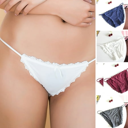 

harmtty Women Thong Lace Edge Ice Silk Low Waist Stretchy Panties Solid Color Seamless Bow G-string Briefs Underwear Light Blue