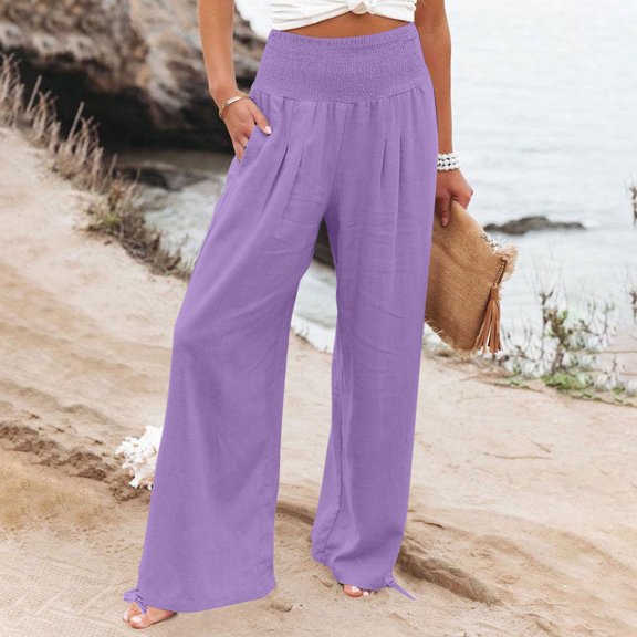 Wensltd Loose High Waist Drawstring Casual Wide Leg Pants for Women