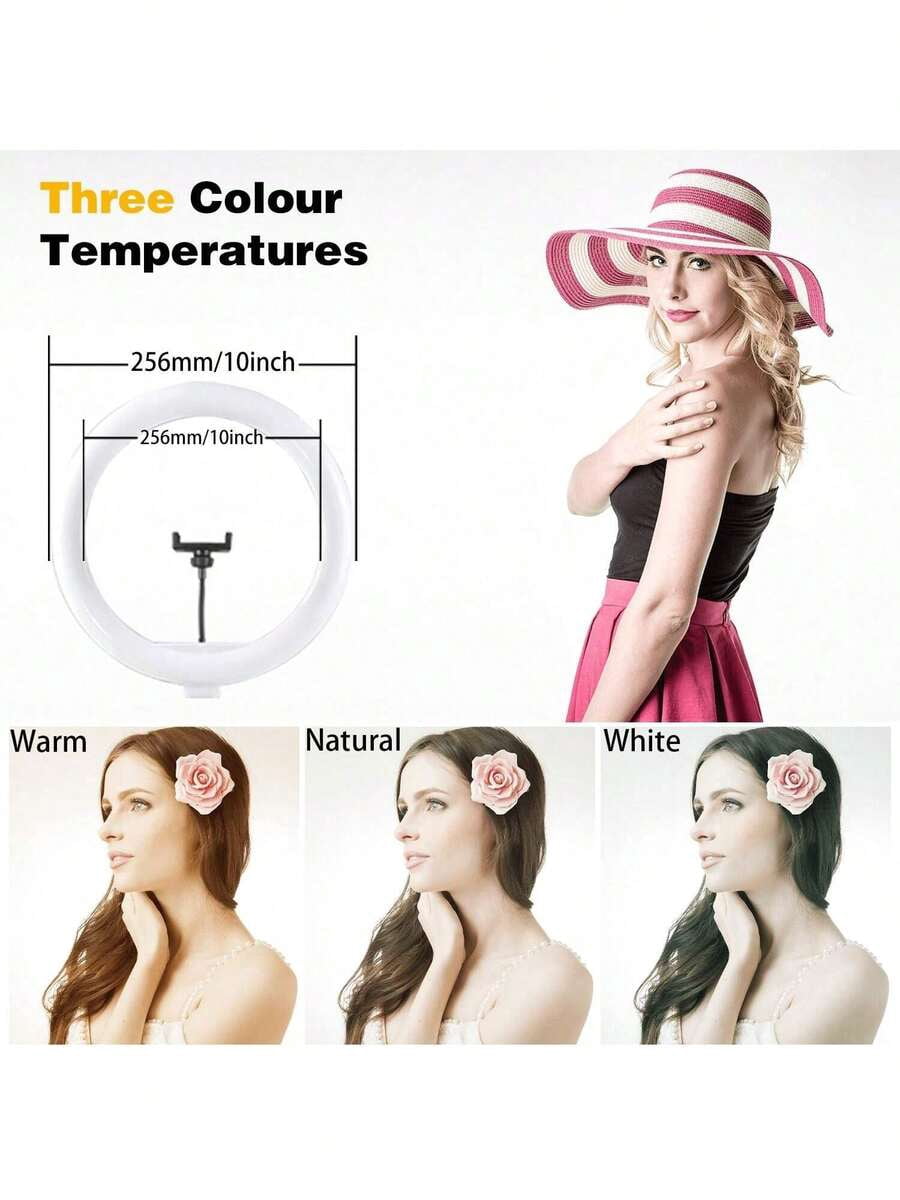 10 Inch LED Ring Light with 43" Tripod, 2 Phone Holders, 3 Color Modes, Adjustable Brightness, USB Powered for Live Streaming, Video Conferencing, Selfies, Makeup -Includes Flexible Tripod & 2 Stands