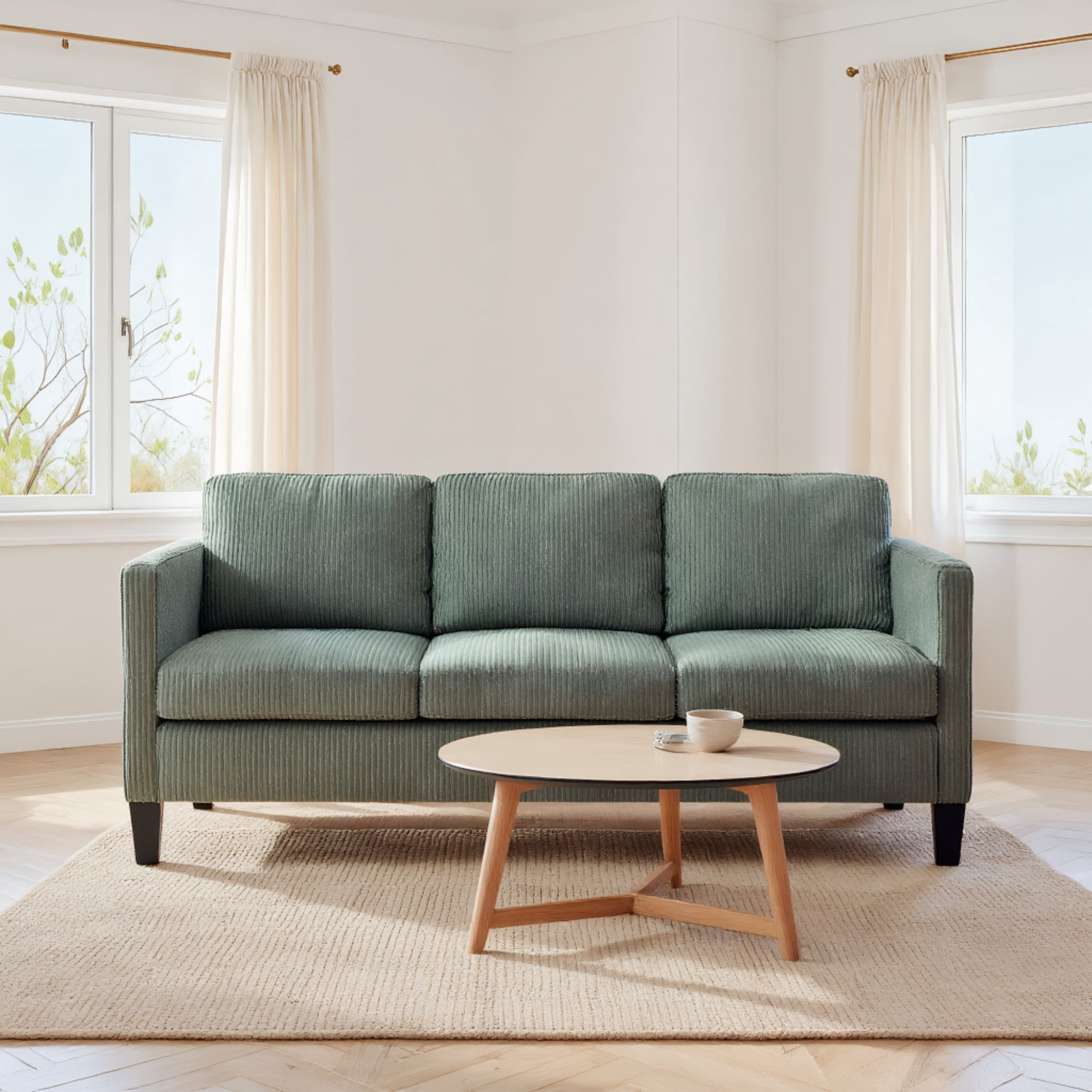 BSHTI 88.18" Corduroy L-Shaped Sectional Sofa with Memory Foam, Storage Chaise, Square Arms for Living Room（Olive Green）