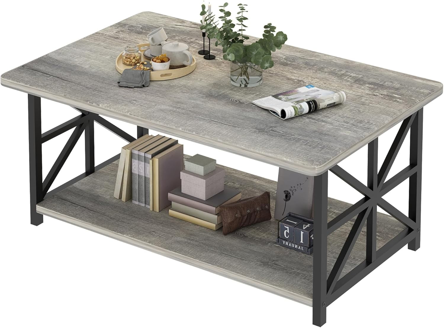 Baxluxe Gray Coffee Table for Living Room, Rectangular Wooden Coffee Table with Storage Shelves, 2-Tier Storage Center Table with Metal Base, Tea Table for Small Space, Apartment, Office