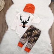 Christmas Newborn Baby Boy Girl Deer Romper Pants Hat 3pcs Outfits Set Costume