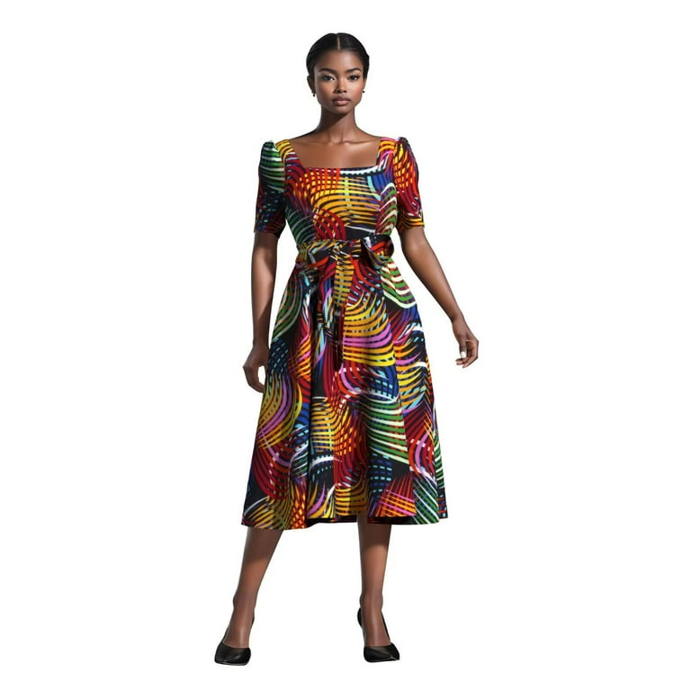 Bintarealwax African Print Short Sleeve Dress Ankara Plus Size Colorful Bright Casual Party Dress with Belt, Women's, Size: 4XL Bintarealwax African Print Short Sleeve Dress Ankara Plus Size Colorful Bright Casual Party Dress with Belt, Women's, Size: 4XL