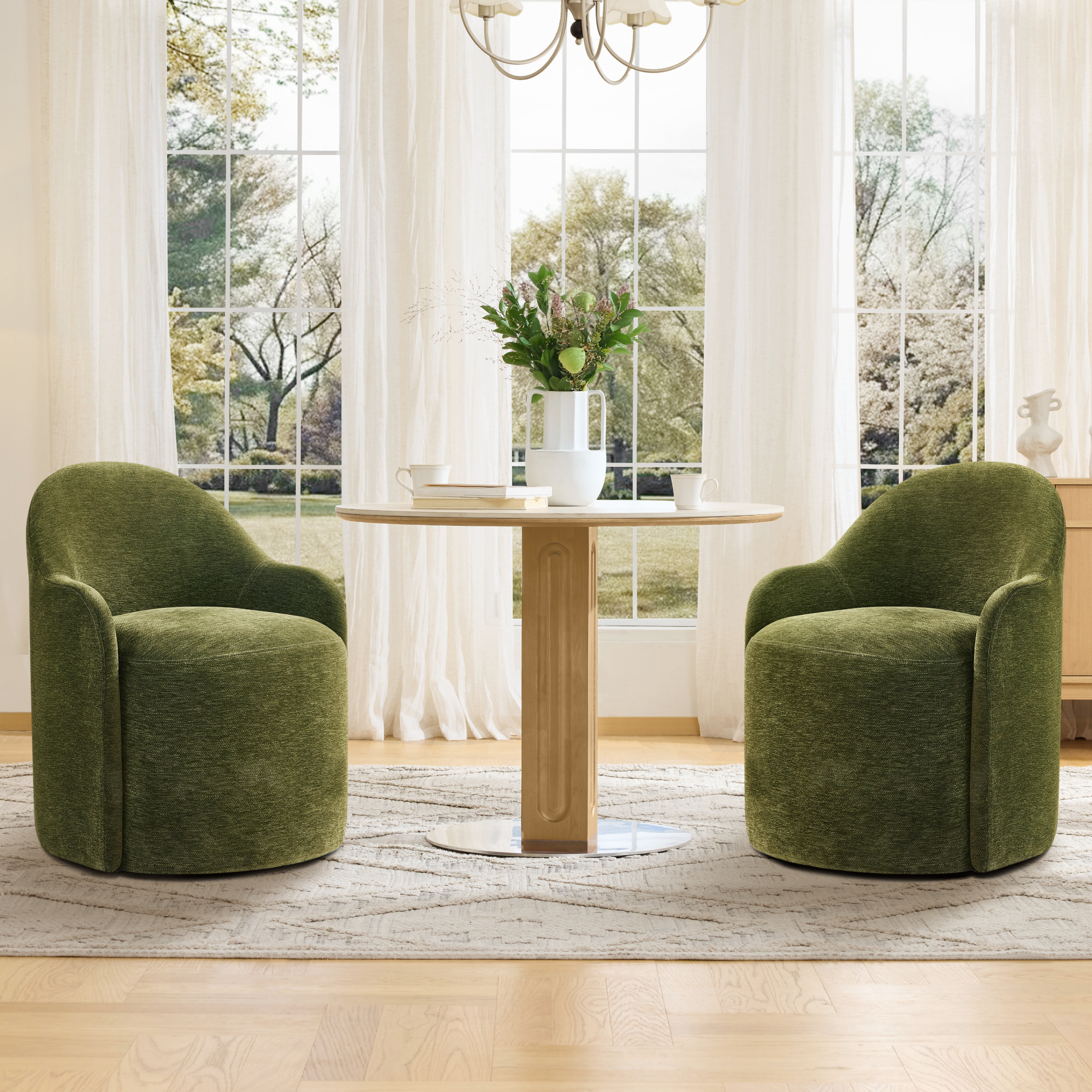 Spruce & Spring Swivel Upholstered Dining Chair with Hidden Wheels and Armrest Single, Green