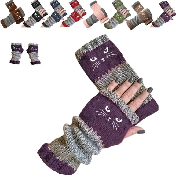 Women's Knitted Fingerless Gloves with Cute Cat Pattern, Warm Cat Embroidery Splicing Knitted Gloves