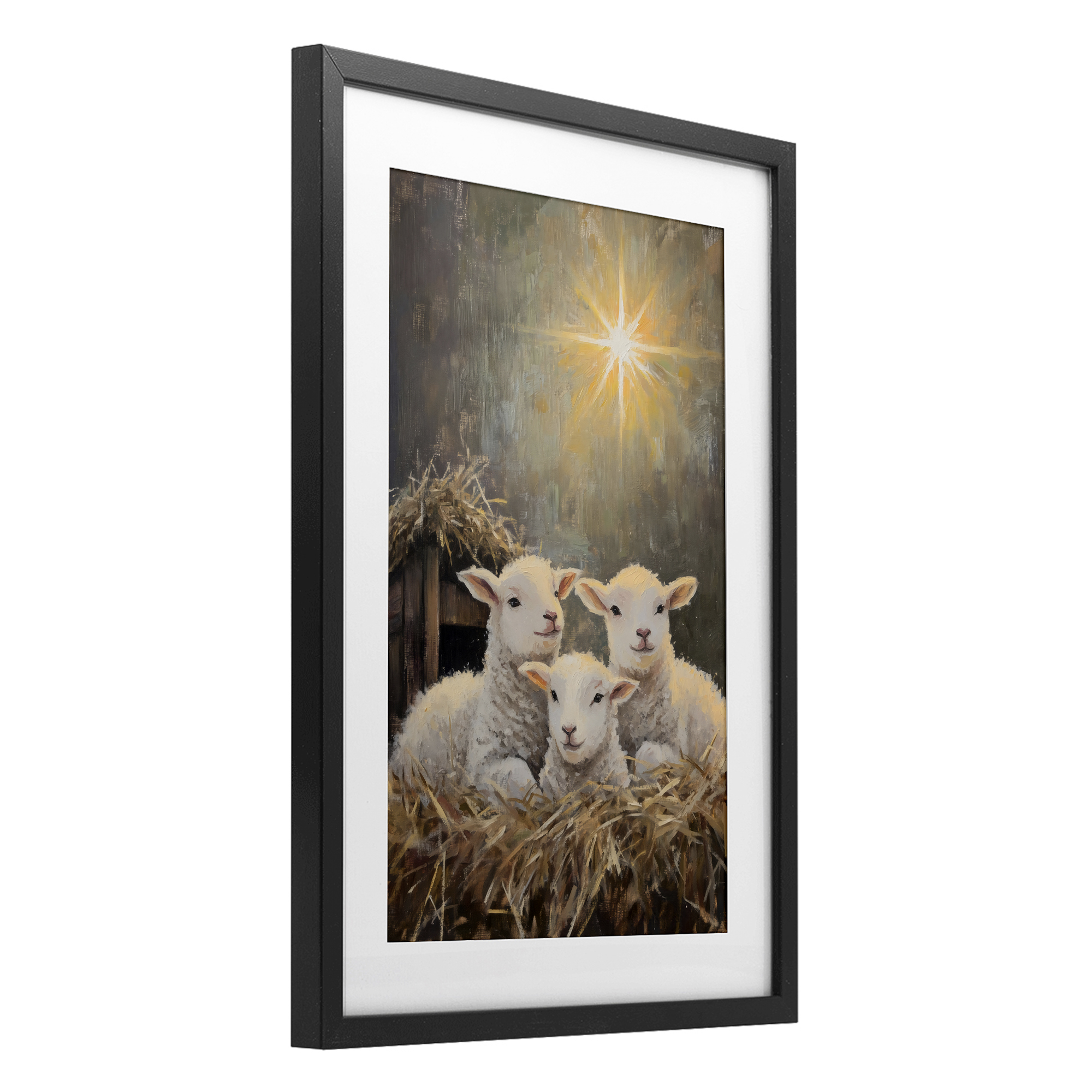 Festive Lambs in Stable Black Framed Print Under Glass, design by Petal Prints Design